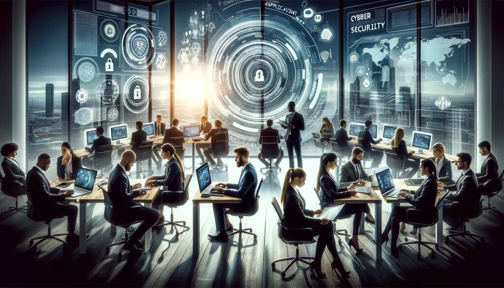 A professional and dynamic group of diverse individuals in business attire, actively engaged in cybersecurity-related activities. They are gathered around a modern digital workspace with computers displaying cybersecurity graphics. The setting is a contemporary office, symbolizing a collaborative and technological atmosphere. This image represents the theme of career opportunities and expertise in the cybersecurity sector.